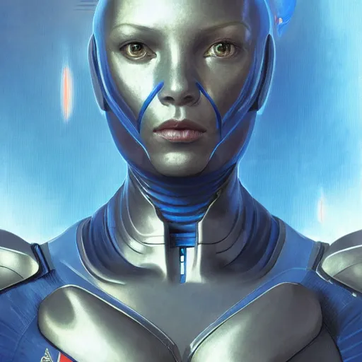 Image similar to portrait of a blue alien wearing a tight and smooth space suit, intimidating, intricate, headshot, highly detailed, digital painting, artstation, concept art, sharp focus, cinematic lighting, illustration, art by artgerm and greg rutkowski, alphonse mucha, cgsociety