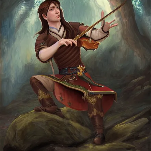 Prompt: portrait of a male half elf bard with mid - length sandy brown hair and pale skin, detailed painting, fantasy style, digital painting, fantasy tavern as the background