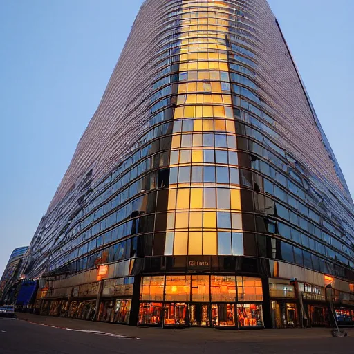 Prompt: Wide angle lens photograph of the tallest bookstore in the world at sunset