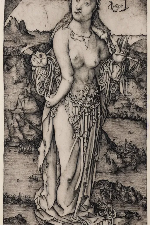 Image similar to albrecht durer, albrecht altdorfer, hans holbein, lucas cranach, gustave dore, engraving-style tattoo of regal female boddhisatva with the attributes of Diana, Athena, Guanyin, Shakti, Isthar, Deborah, and Seshat, wearing a robe, standing gracefully upon a lotus, surrounded by egrets and northern wetland flora