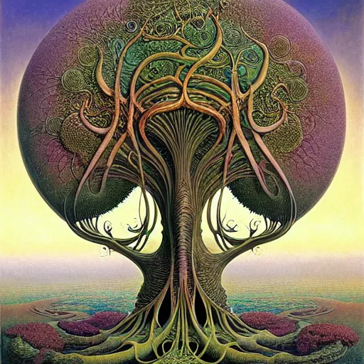 Image similar to tree of life by roger dean and andrew ferez, art forms of nature by ernst haeckel, divine chaos engine, symbolist, visionary, art nouveau, organic fractal structures, surreality, detailed, realistic, ultrasharp