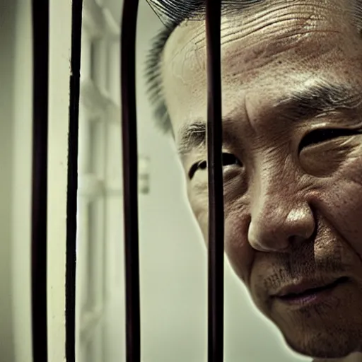 Prompt: a portrait of old justin sun in futuristic prison looking through the bars of his cell, by annie leibovitz, shallow depth of field, cinematic lighting