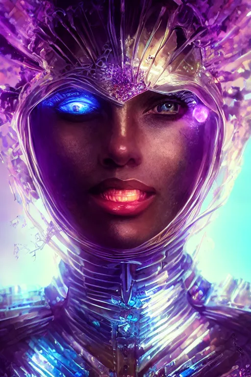 Image similar to extreme close up, facial portrait, bionic suit armor, amethyst crystals in armor, beautiful ethereal vampire woman radiating a glowing aura global illumination ray tracing hdr fanart arstation by ian pesty and alena aenami artworks in 4 k
