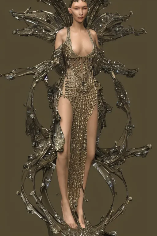 Image similar to a highly detailed 4 k render of a beautiful angel alien goddess bella hadid in iris van herpen dress schiaparelli in diamonds in style of alphonse mucha trending on artstation made in unreal engine 4