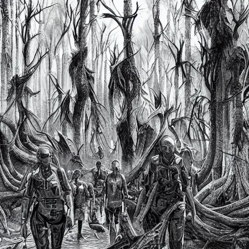 Image similar to sci - fi monster hunters, walking in a flesh and bones forest, hyperdetailed, art makoto kobayashi