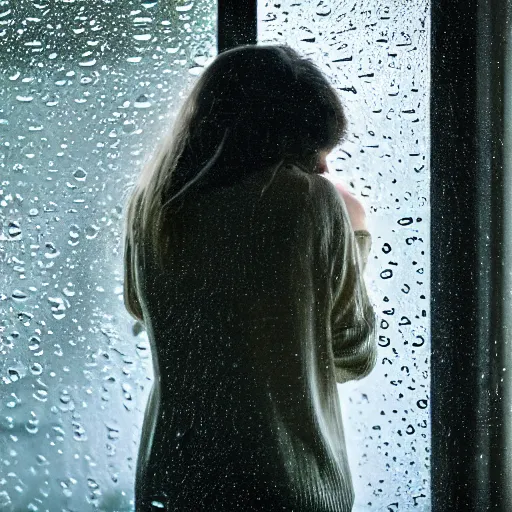 Prompt: young person looking through window on rainy day, view of her head from behind, sad, lots of raindrops, detailed, cinematic, dramatic lighting