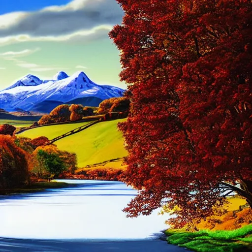 Image similar to autumnal scottish valley view with snowy mountains in the background and a deep blue sky by lisa frank and tyler edlin