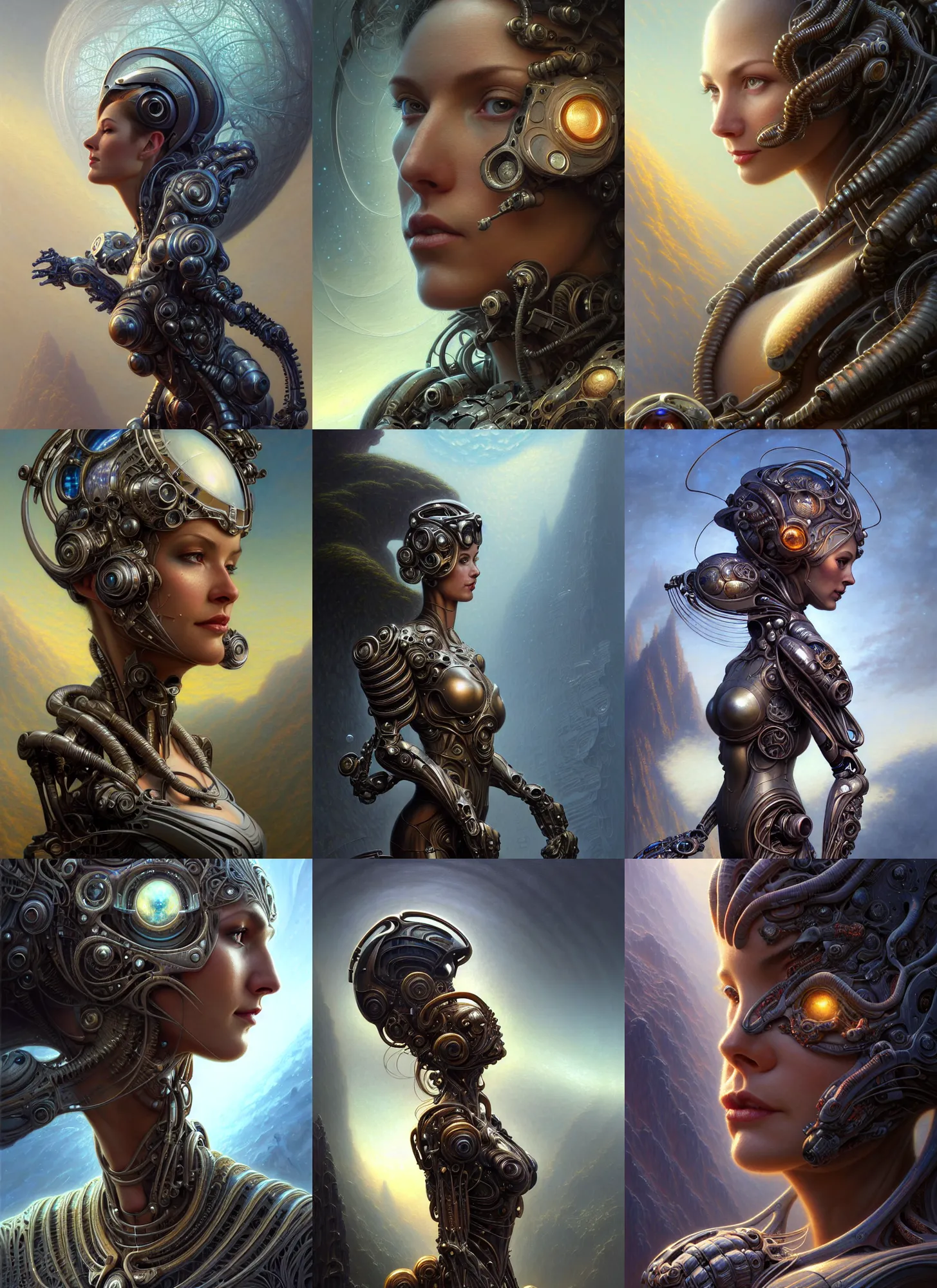 Prompt: closeup portrait shot of a female biomechanic woman in a scenic scifi environment, intricate, elegant, highly detailed, centered, digital painting, artstation, concept art, smooth, sharp focus, grineer, illustration, thomas kinkade, tomasz alen kopera, peter mohrbacher, donato giancola, leyendecker, boris vallejo