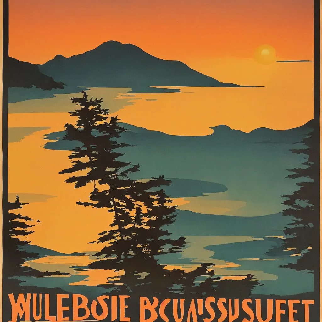 Prompt: beautiful vintage poster, whistler sunset, boho, midcentury, modern, muted colors, uniform lighting, top lit, detailed, beautiful solid colors, edge to edge, full frame