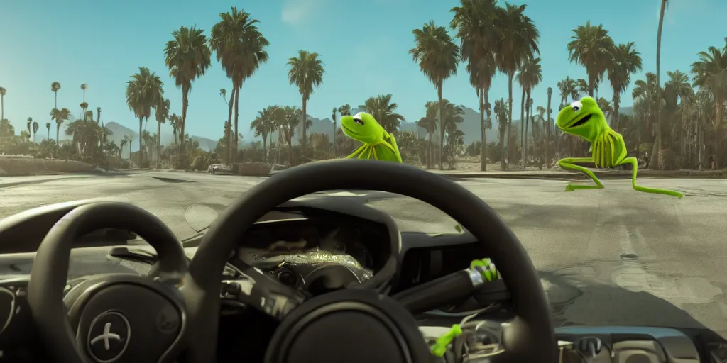 Image similar to kermit driving a car, wlop, palm trees, desert, cinematic lighting, hyperdetailed, 8 k realistic, symmetrical, global illumination, radiant light,, frostbite 3 engine, cryengine, dof, trending on artstation, digital art, chanel