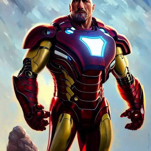 Image similar to Dwayne Johnson wearing an Iron Man suit, western, D&D, fantasy, intricate, elegant, highly detailed, digital painting, artstation, concept art, matte, sharp focus, illustration, art by Artgerm and Greg Rutkowski and Alphonse Mucha