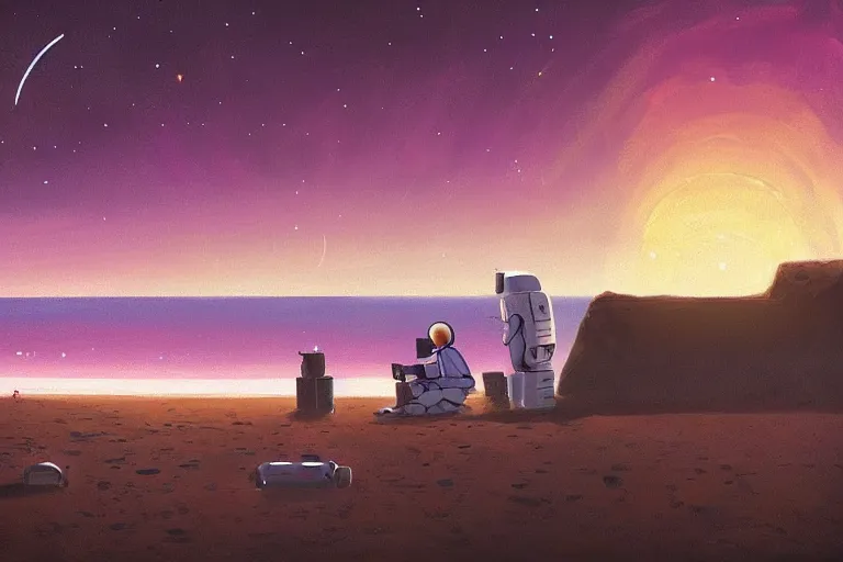 Prompt: astronaut sitting at the beach watching his phone on a pink, blue, purple alien planet watching the sunset, surreal photography, dark night, stars, moon light, impressionist painting, clouds, digital painting, artstation, simon stalenhag