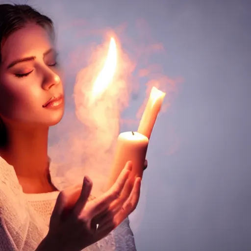 Prompt: beautifull women out of smoke candle, love expression spirit, 8 k, hd,