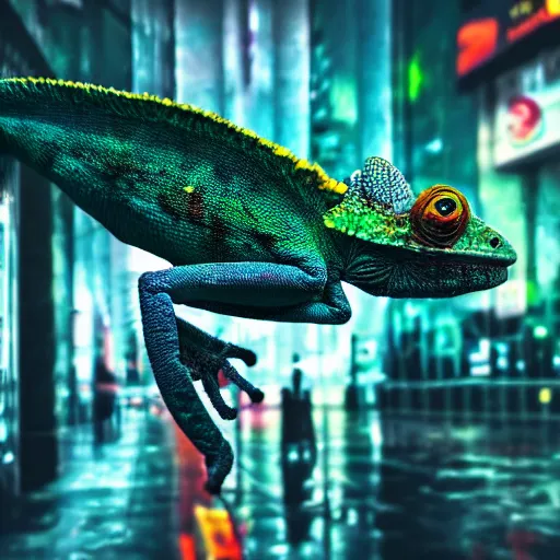 Image similar to a high quality photo of a chameleon on the streets of a cyberpunk city, rainy, reflective ground, neon lights, realism, 8k