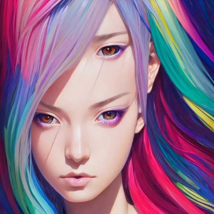 Image similar to half body portrait of beautiful symmetrical anime girl, rainbow hair, attractive, casual, modern, victoria's secret, highly detailed, digital painting, artstation, concept art, smooth, sharp focus, illustration, art by moebius, artgerm, greg rutkowski and alphonse mucha, 8 k,