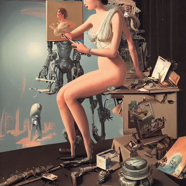 Image similar to robot artist painting a self - portrait on a canvas. intricate, detailed, digital matte painting in the style of gil elvgren and in the style of wayne barlowe. irony, recursion, inspiration.