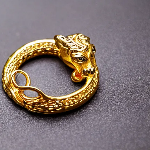 Prompt: ornate gold ouroboros ruby jewelry macro product photo f 1. 4
