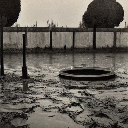 Prompt: The painting shows a grave that has been flooded with water. The grave is located in a cemetery in Italy. The water in the grave is dirty and there is trash floating in it. The grave is surrounded by a fence. by Paul Strand, by Gabriel Dawe curvaceous