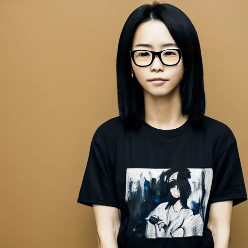 Prompt: portrait of a korean trans girl with very short black hair bleached at the tips, bedhead, wearing glasses, wearing a black t-shirt, oil on canvas, elegant pose, masterpiece