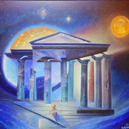 Image similar to hellenic architecture, galactic astral realm journey in oil painting, trending on art station, surrealist art