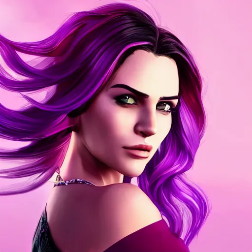 Image similar to a stunning GTA V loading screen with a beautiful woman with ombre hairstyle in purple and pink blowing in the wind, city streets, golden ratio, digital art, trending on artstation