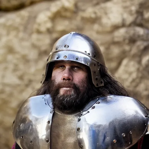 Prompt: photo of a cave man in medieval armour 4 k, ƒ / 8, focal length : 3 6 mm,