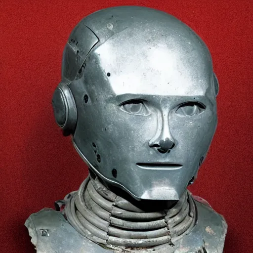 Image similar to an extremely ancient ironman bust that is tarnished and covered in sediment from uncovered earth expedition, rare photograph, smithsonian,