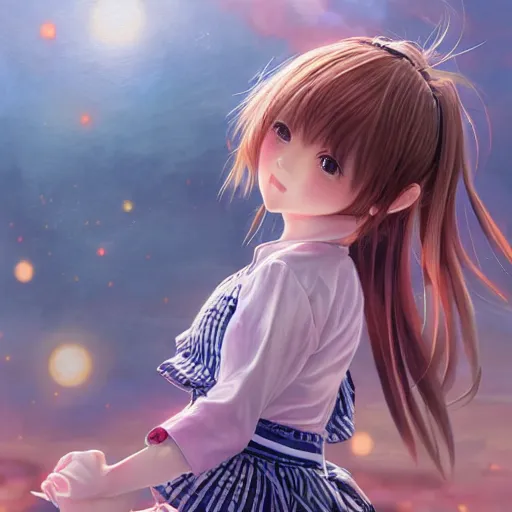 Image similar to dynamic composition, motion, ultra-detailed, incredibly detailed, a lot of details, amazing fine details and brush strokes, gentle palette, smooth, HD semirealistic anime CG concept art digital painting, watercolor oil painting of a young J-Pop idol schoolgirl, by a Japanese artist at ArtStation. Realistic artwork of a Japanese videogame, soft and harmonic colors.