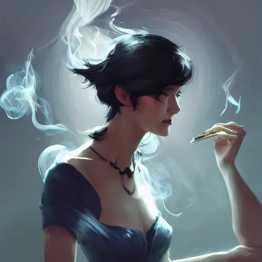 Image similar to Elegant woman with black hair, smoke around her, high detail, concept art background by john harris + andreas rocha, artwork by charlie bowater + artgerm + anato finnstark + ross tran