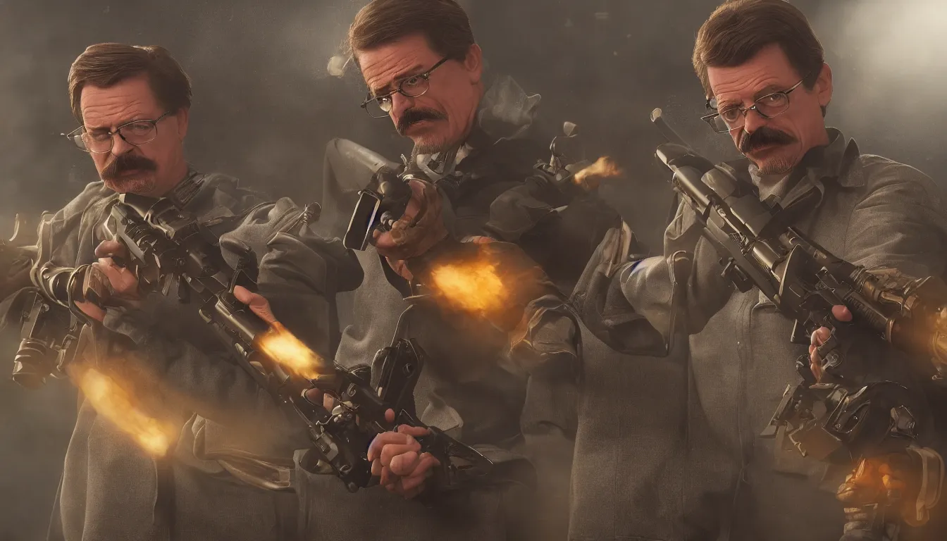 Image similar to Ned flanders wielding a minigun, highly detailed, stunning photo, cinematic lighting, perfect, 8K, ultra-detailed , Trending on artstation, Octane render, Unreal Engine,