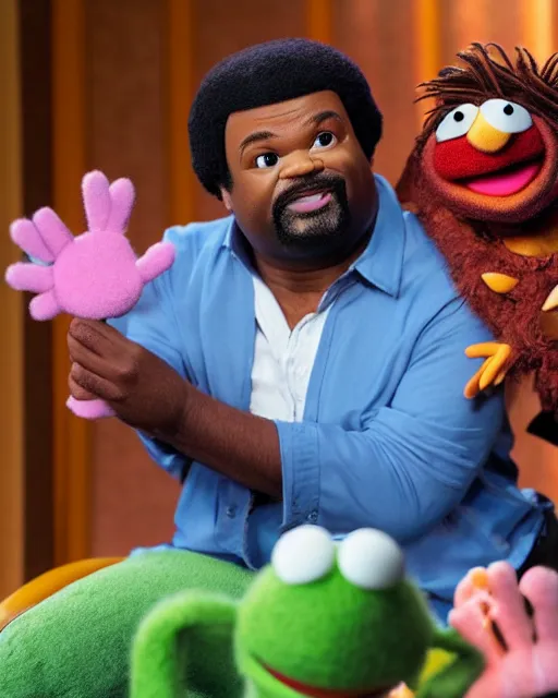 Image similar to craig robinson as a muppet. highly detailed felt. hyper real photo. 4 k.