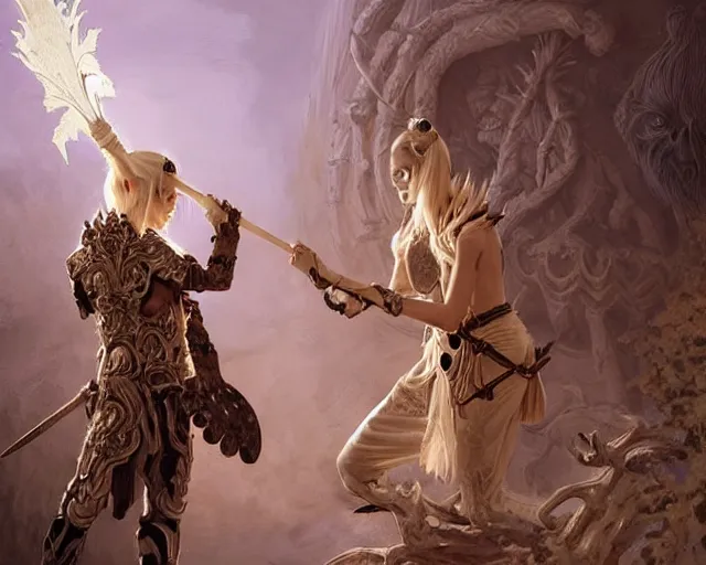 Prompt: mage fighting a ghoul, ivory carved mantle, blonde braided hair mage wearing ivory carved bone armor, bone plants, movie action still frame, intricate, elegant, highly detailed, digital painting, concept art, smooth, sharp, focus, illustration, art by artgerm, greg rutkowski, ilya kuvshinov, alphonse mucha