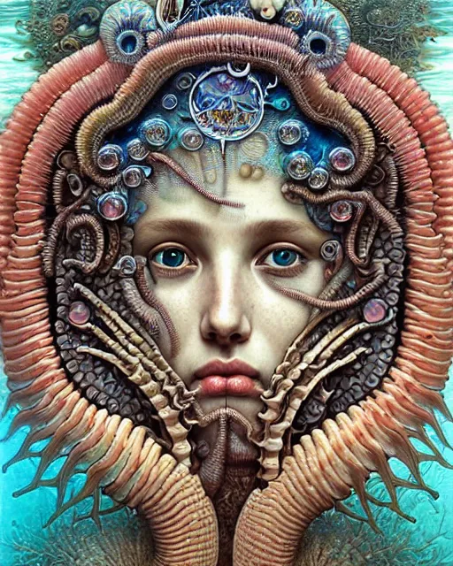 Image similar to hyperrealistic detailed underwater face portrait of the beautiful goddess of the fish skeletons with an intricate headgear of corals, sea kelp, sea plants, fish, starfish, jellyfish, art by ernst haeckel, john william godward, android jones, alphonso mucha, gothic - cyberpunk, ornamental, beautiful deep colours,