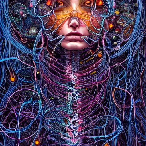 Prompt: beautifully stunning biopunk woman_integrating_with_technology_full_face_insipiring_detailed_intricate_ornate_cables_connected_to_head_big_open_electric_eyes_ the_singulairty is now by android jones