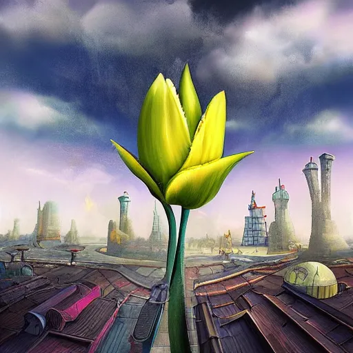 Image similar to flying tulip steam fortress, fantasy art, urban, sky in the background, detailed, behrens style