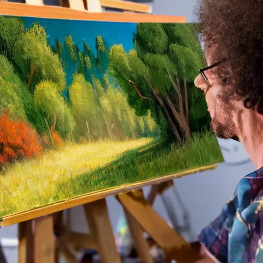 Image similar to a closeup photorealistic photograph of bob ross working on a canvas painting of spiderman. film still. brightly lit scene. mountains and trees. this 4 k hd image is trending on artstation, featured on behance, well - rendered, extra crisp, features intricate detail, epic composition and the style of unreal engine.