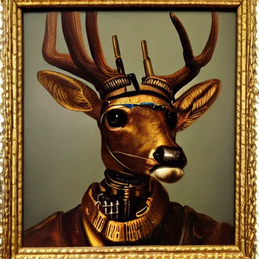 Prompt: an oil painting portrait of a humanoid cybernetic steampunk deer in the style of Rembrandt