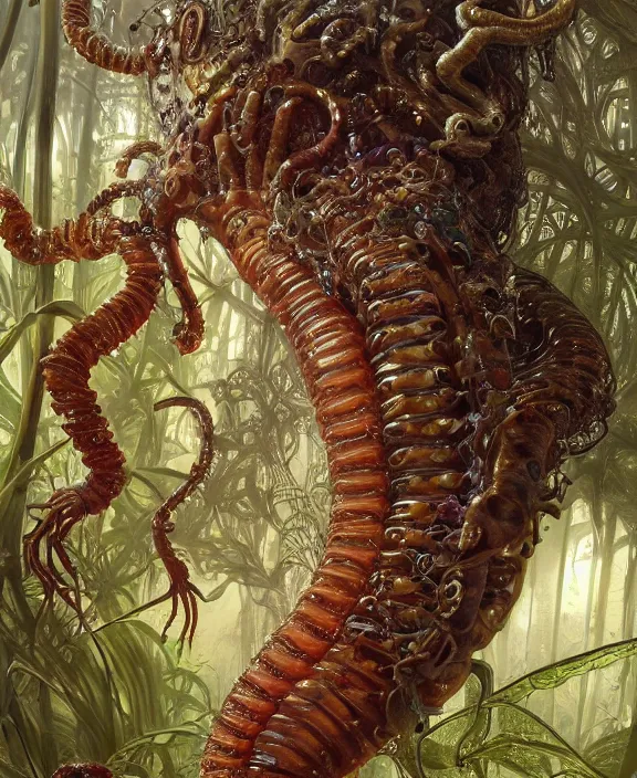 Image similar to intricate ornate opulent transparent clear see - through portrait of a terrifying beautiful emaciated male alien centipede, mottled coloring, adorable, childlike, overgrown jungle environment, ultra realistic, concept art, art nouveau, photorealistic, octane render, 8 k, unreal engine. art by christopher marley and artgerm and greg rutkowski and alphonse mucha