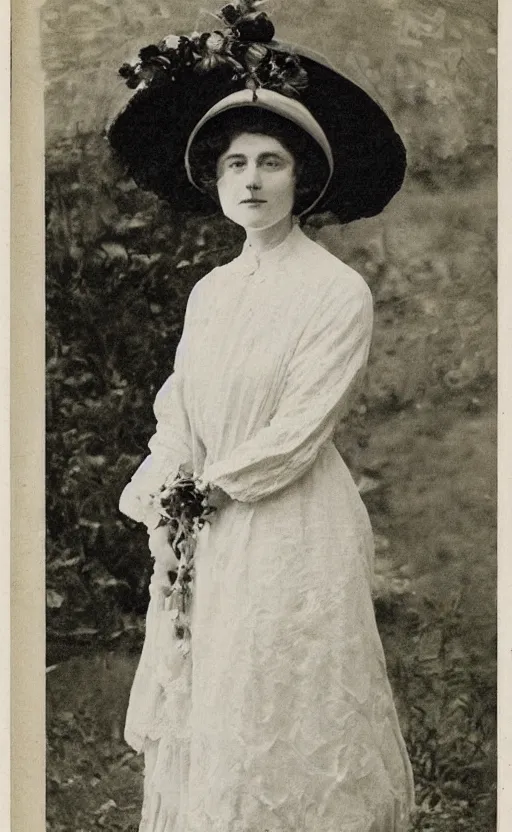 Image similar to portrait! of a lovely lady! wearing a big hat! edwardian haircut! 1 9 0 0 s! edwardian dress! flowers behind her!