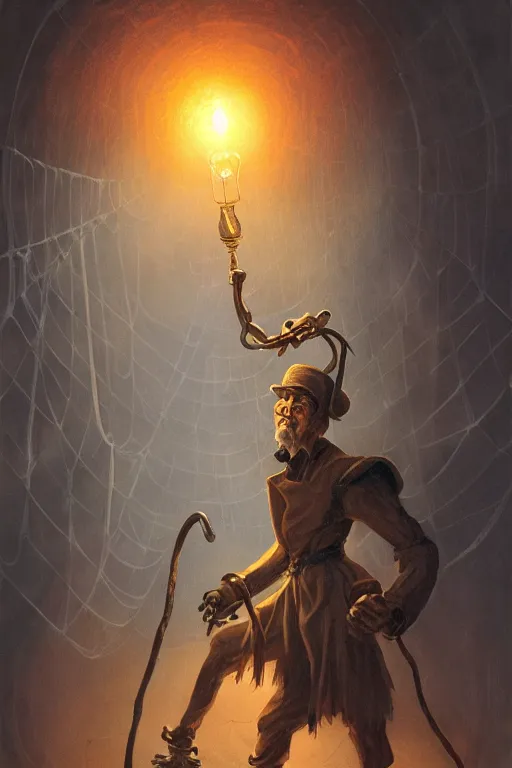 Prompt: an old - fashioned explorer with a lamp, in a dark tunnel with a monstrous spider behind him, in the style of gerald brom, dramatic lighting, low angle, wide angle, fantasy art, highly detailed digital art