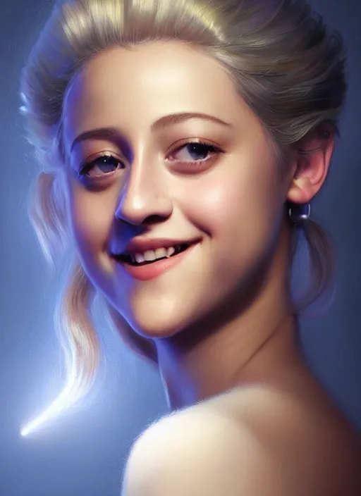 Image similar to portrait of lili reinhart with fluffy bangs, smiling kindly, bangs, 1 9 6 0 s, ponytail, curly bangs and ponytail, intricate, elegant, glowing lights, highly detailed, digital painting, artstation, concept art, smooth, sharp focus, illustration, art by wlop, mars ravelo and greg rutkowski
