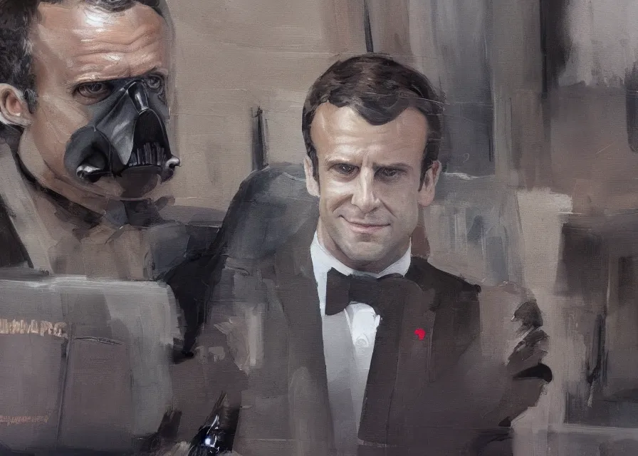 Image similar to painting of Emmanuel Macron dressed as a senator in Star Wars,(((( inside the galactic senate)))), sharp focus, trending on ArtStation, masterpiece, by Greg Rutkowski, by Ross Tran, by Fenghua Zhong, octane, clear eyes, soft render, clear facial features, oil on canvas, moody lighting, cinematic, professional environment concept art