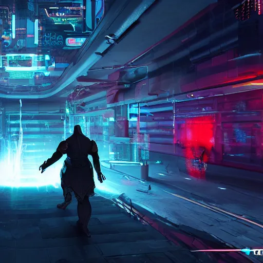 Image similar to cyberpunk lair boss fight, minotaur. cinematic wide shot