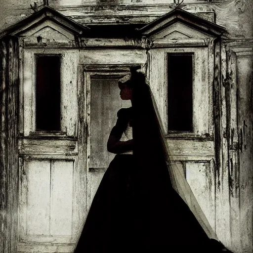 Image similar to picture of ghostly bride in front of an old wooden white church, 1 9 th century southern gothic scene, made by chausheva, katia