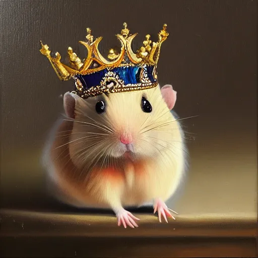 Image similar to a high detailed oil painting of a hamster wearing a crown and royal clothes. 4 k.