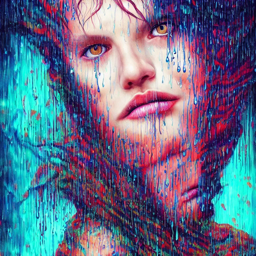 Image similar to bright asthetic portrait of LSD in rain with wet hair and face, liquid, fantasy, intricate, elegant, dramatic lighting, highly detailed, lifelike, photorealistic, digital painting, artstation, illustration, concept art, smooth, sharp focus, art by John Collier and Albert Aublet and Krenz Cushart and Artem Demura and Alphonse Mucha