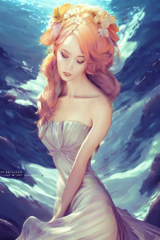 Image similar to a beautiful fashion goddness of love, chic strapless dress, tropical sea background, character design, in the style of artgerm, and wlop, cinematic lighting, hyperdetailed, 8 k realistic, symmetrical, global illumination, radiant light, frostbite 3 engine, cryengine, dof, trending on artstation, digital art