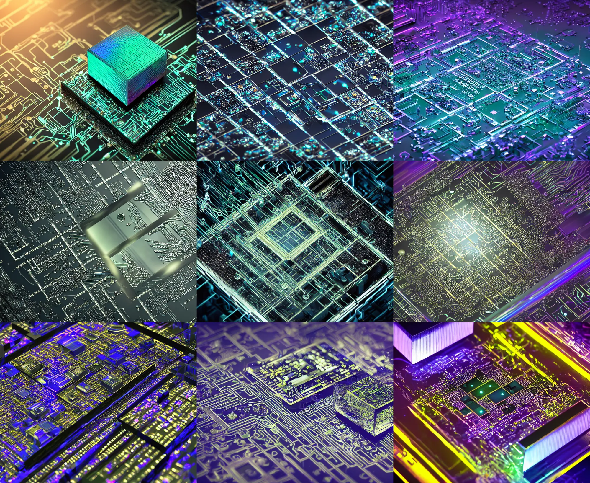 Prompt: circuit board processor block, 3 d ray traced photorealistic render, moody beautiful colors, futuristic, squares, crystal nodes, shiny, high angle shot with sharp realistic intricate detail, iridescent glowing chips, 3 d cuboid device, graphene, futuristic precious metals, treasure artifact