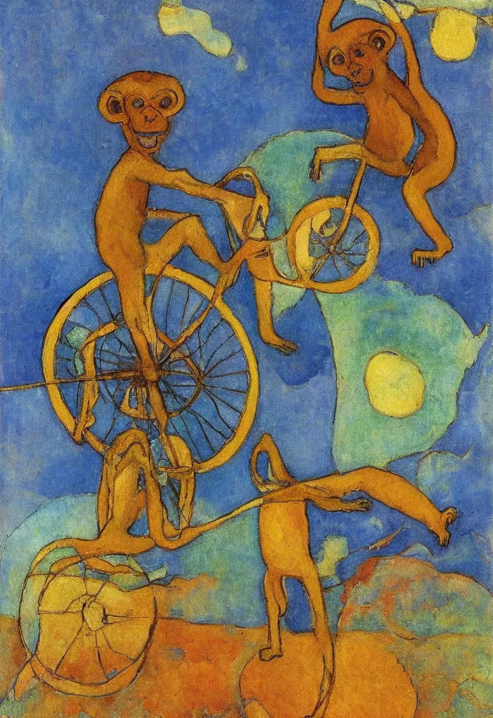 Image similar to a monkey riding a unicycle, Gustav Klimpt, color painterly