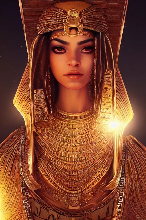 Image similar to Saba Mubarak as egyptian princess, gorgeous, portrait, powerful, intricate, beautiful, masterpiece, elegant, volumetric lighting, digital painting, highly detailed, artstation, sharp focus, illustration, Hajime sorayama, ruan jia